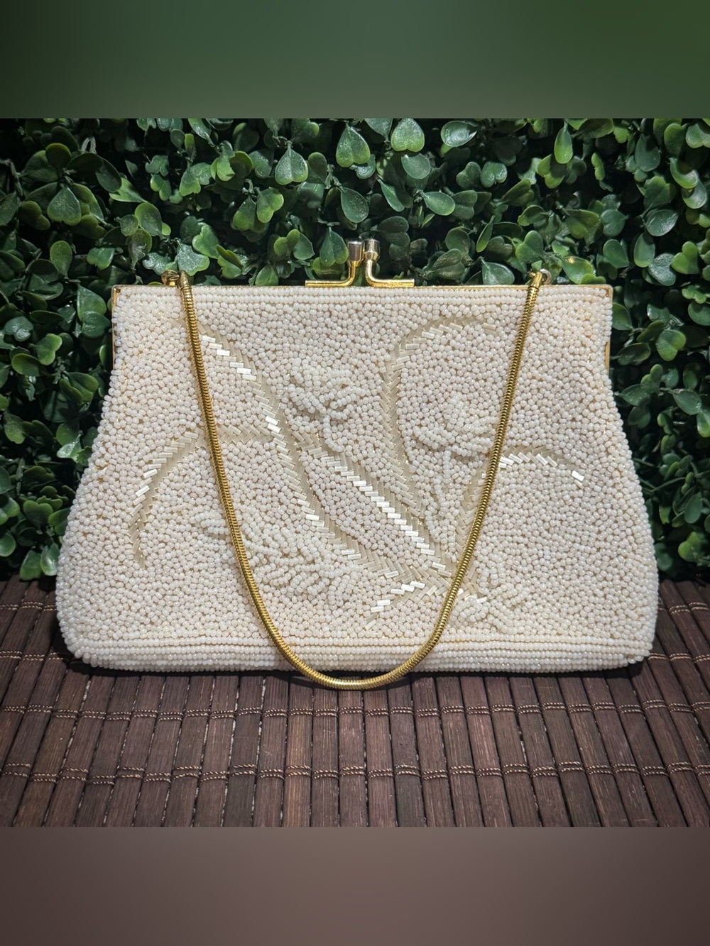 Vintage 50s-60s Glass Seed Beaded Shoulder Bag with Gold Accents